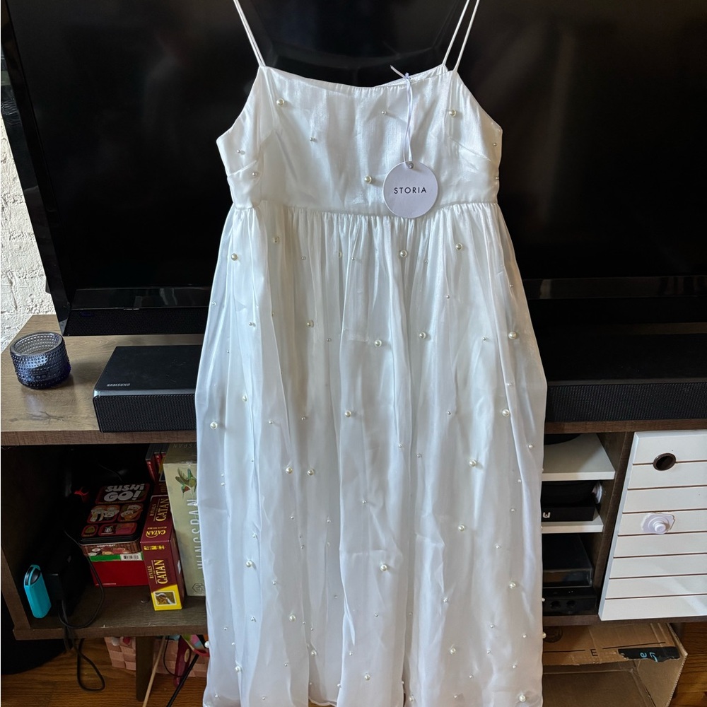 Storia White Midi Dress with Pearl Accents